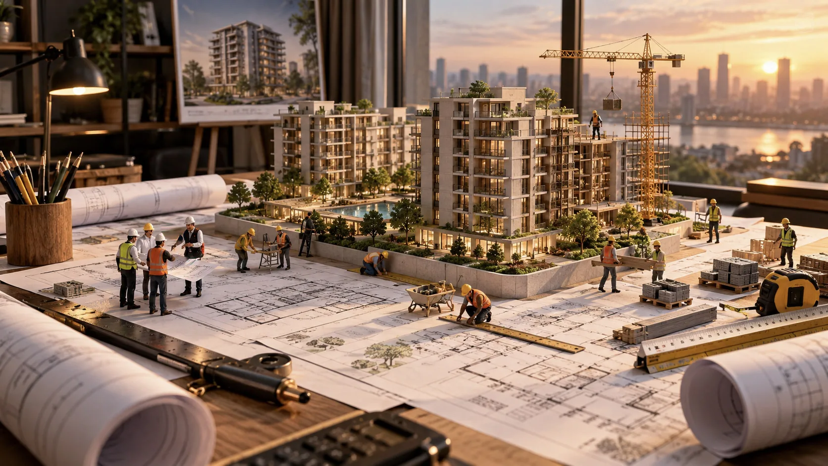 Maquete de empreendimento residencial sobre a prancheta, com plantas e obra ao fundo